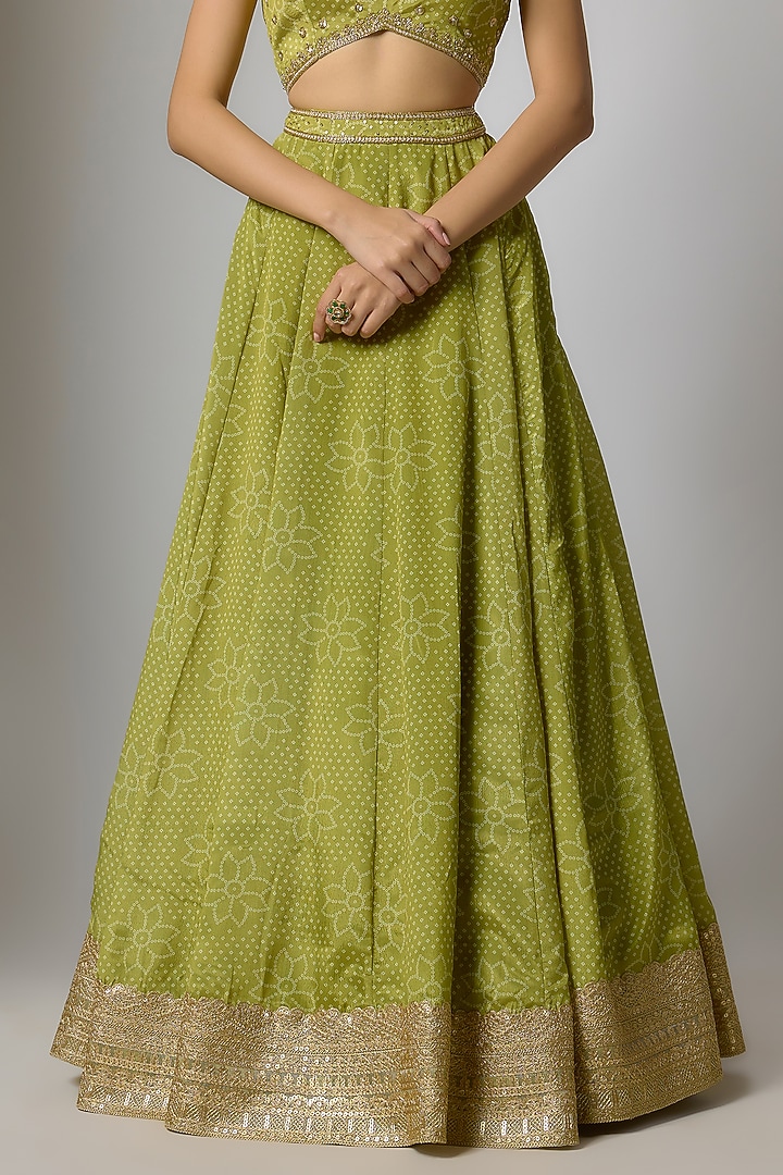 Lime Green Crepe & Georgette Bandhani Printed Wedding Lehenga Set by Indian Wardrobe at Pernia's Pop Up Shop