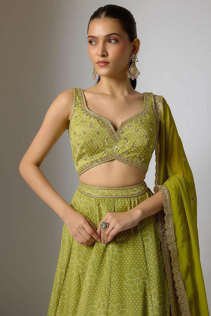 Lime Green Crepe & Georgette Bandhani Printed Wedding Lehenga Set by Indian Wardrobe at Pernia's Pop Up Shop