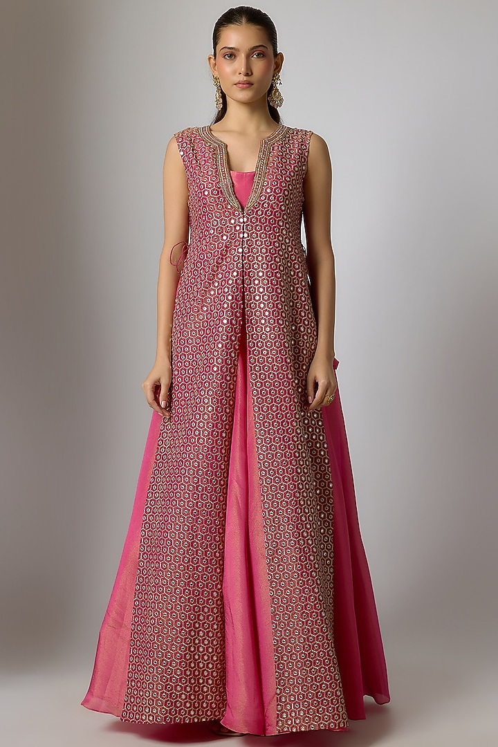 Pink & Magenta Tissue Silk Party Wear Anarkali With Embroidered Jacket by Indian Wardrobe at Pernia's Pop Up Shop