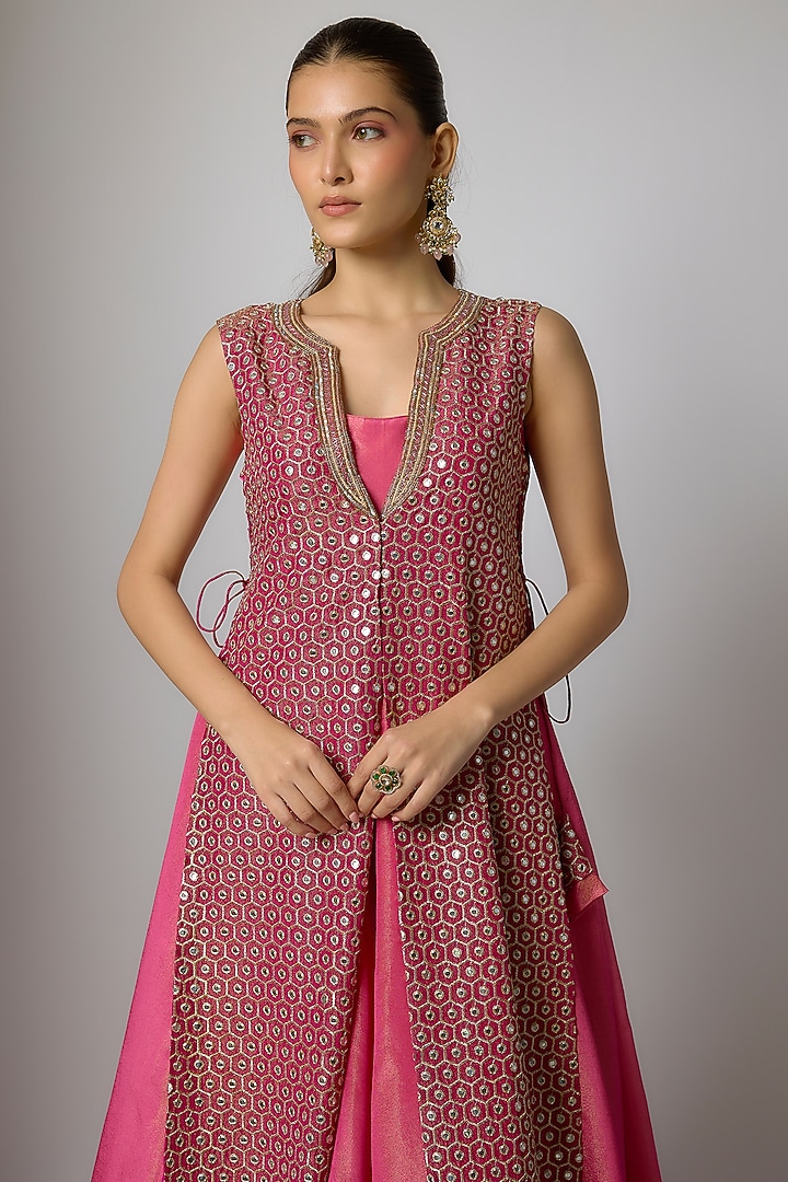 Pink & Magenta Tissue Silk Party Wear Anarkali With Embroidered Jacket by Indian Wardrobe at Pernia's Pop Up Shop