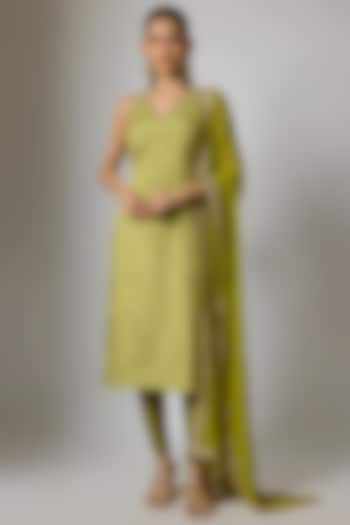 Lime Green Crepe & Georgette Printed & Embroidered Kurta Set by Indian Wardrobe at Pernia's Pop Up Shop