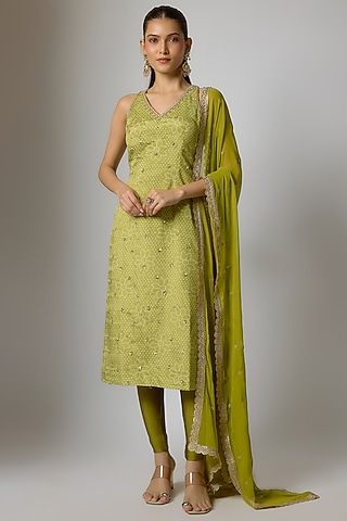 Lime Green Crepe & Georgette Printed & Embroidered Kurta Set by Indian Wardrobe