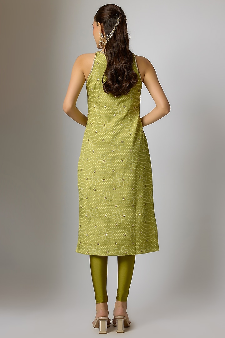 Lime Green Crepe & Georgette Printed & Embroidered Kurta Set by Indian Wardrobe at Pernia's Pop Up Shop