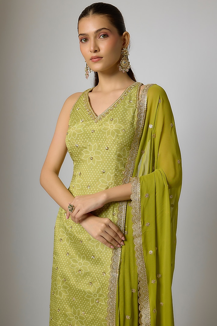 Lime Green Crepe & Georgette Printed & Embroidered Kurta Set by Indian Wardrobe at Pernia's Pop Up Shop