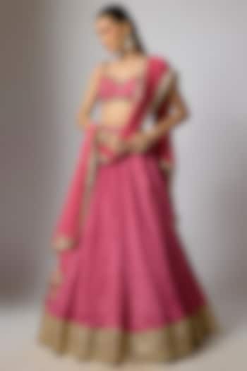 Pink Crepe & Georgette Bandhani Printed Wedding Lehenga Set by Indian Wardrobe at Pernia's Pop Up Shop