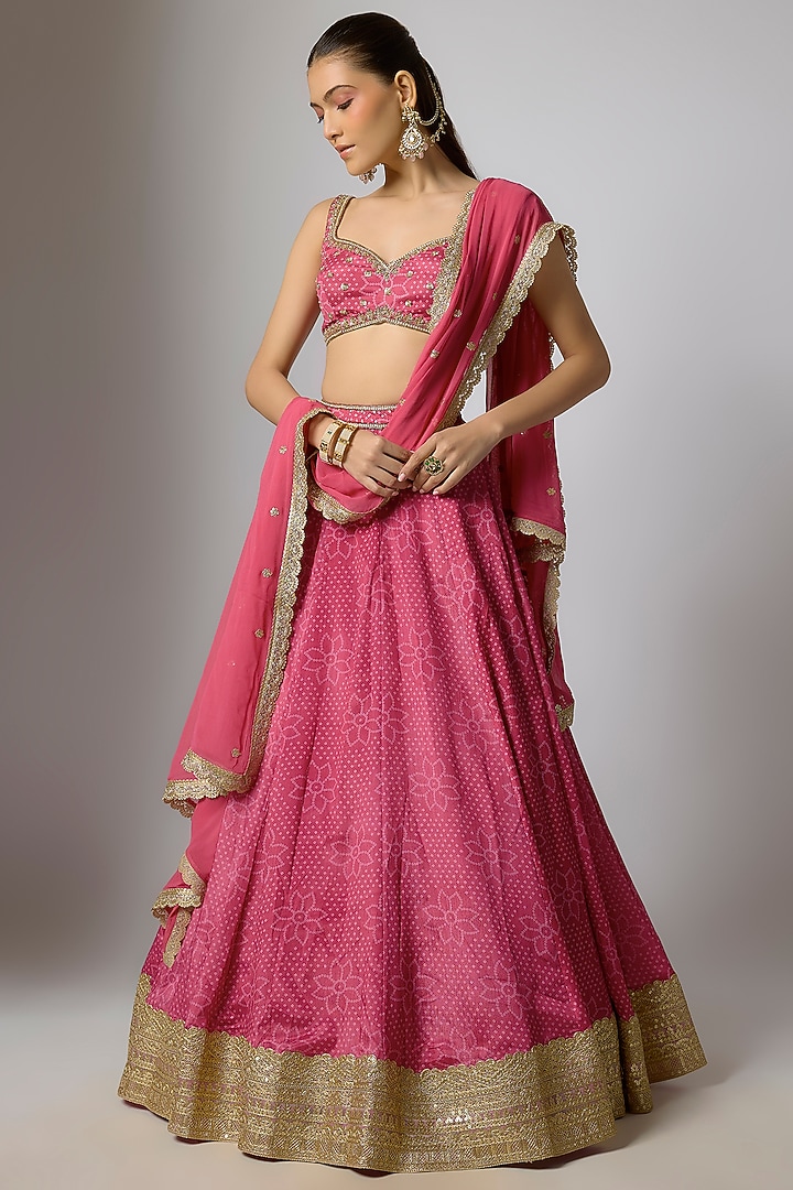 Pink Crepe & Georgette Bandhani Printed Wedding Lehenga Set by Indian Wardrobe at Pernia's Pop Up Shop