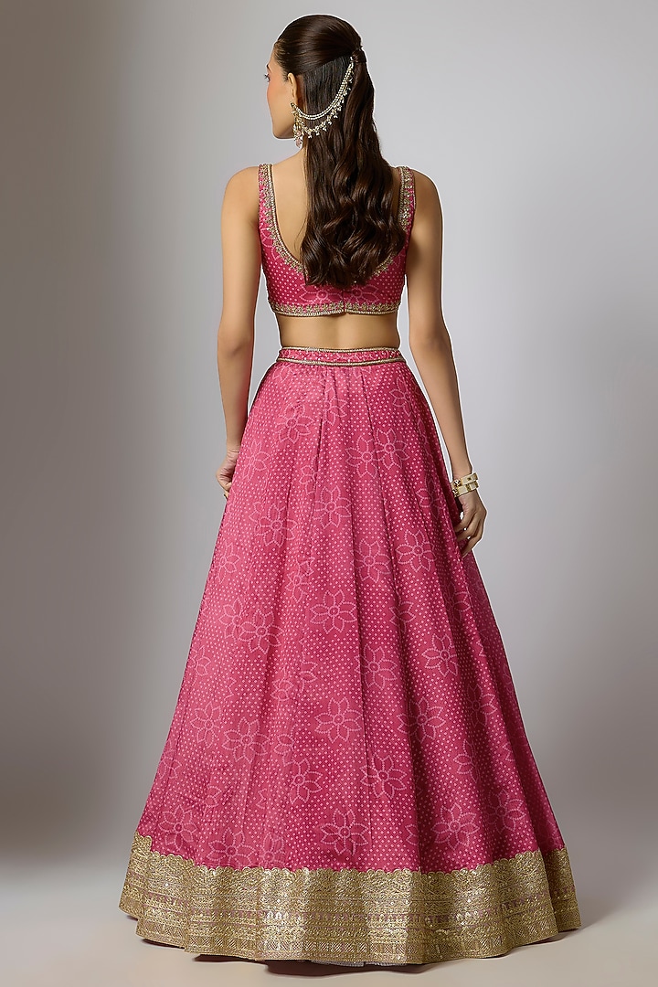 Pink Crepe & Georgette Bandhani Printed Wedding Lehenga Set by Indian Wardrobe at Pernia's Pop Up Shop