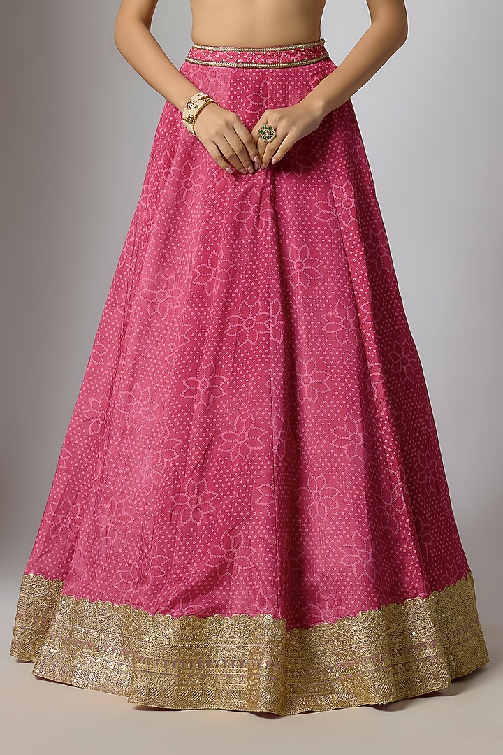 Pink Crepe & Georgette Bandhani Printed Wedding Lehenga Set by Indian Wardrobe at Pernia's Pop Up Shop
