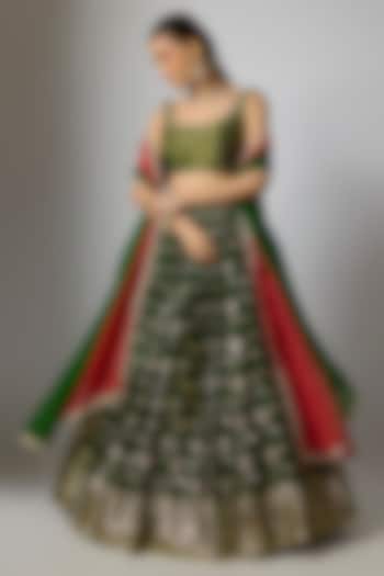 Emerald Green Woven Brocade Lehenga Set by Indian Wardrobe at Pernia's Pop Up Shop