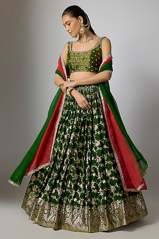 Emerald Green Woven Brocade Lehenga Set by Indian Wardrobe