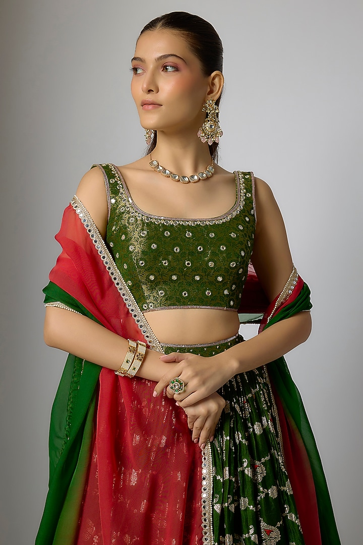 Emerald Green Woven Brocade Lehenga Set by Indian Wardrobe at Pernia's Pop Up Shop