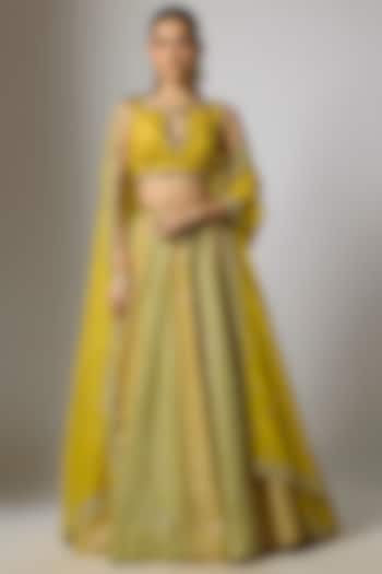 Mustard & Lime Green Tissue Silk Hand Embroidered Wedding Lehenga Set by Indian Wardrobe at Pernia's Pop Up Shop
