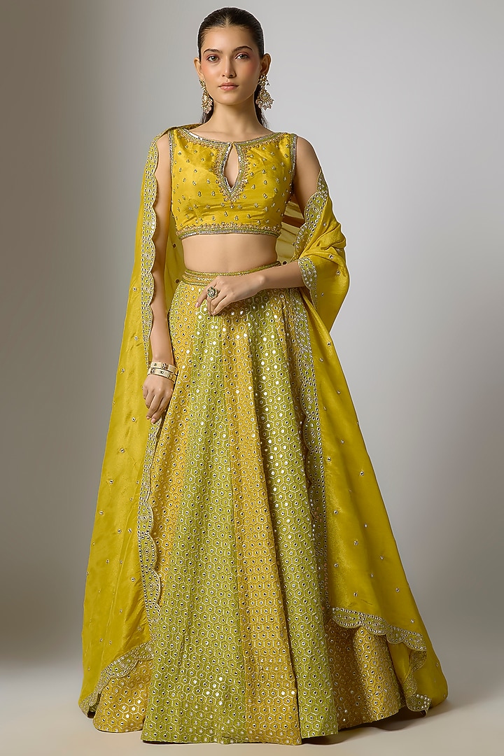 Mustard & Lime Green Tissue Silk Hand Embroidered Wedding Lehenga Set by Indian Wardrobe at Pernia's Pop Up Shop