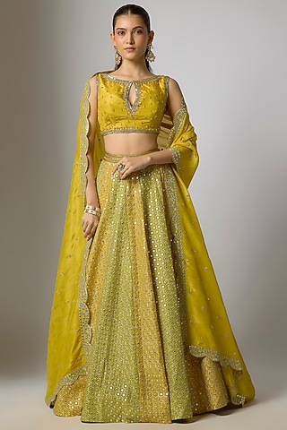 Mustard & Lime Green Tissue Silk Hand Embroidered Lehenga Set by Indian Wardrobe