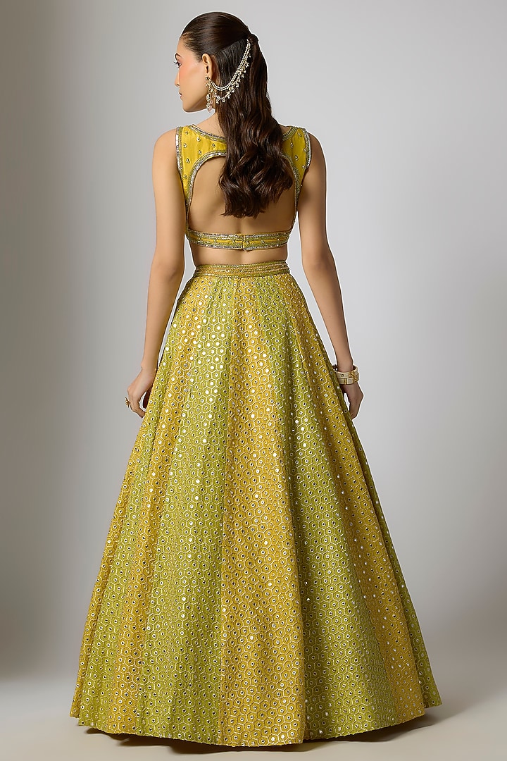 Mustard & Lime Green Tissue Silk Hand Embroidered Wedding Lehenga Set by Indian Wardrobe at Pernia's Pop Up Shop