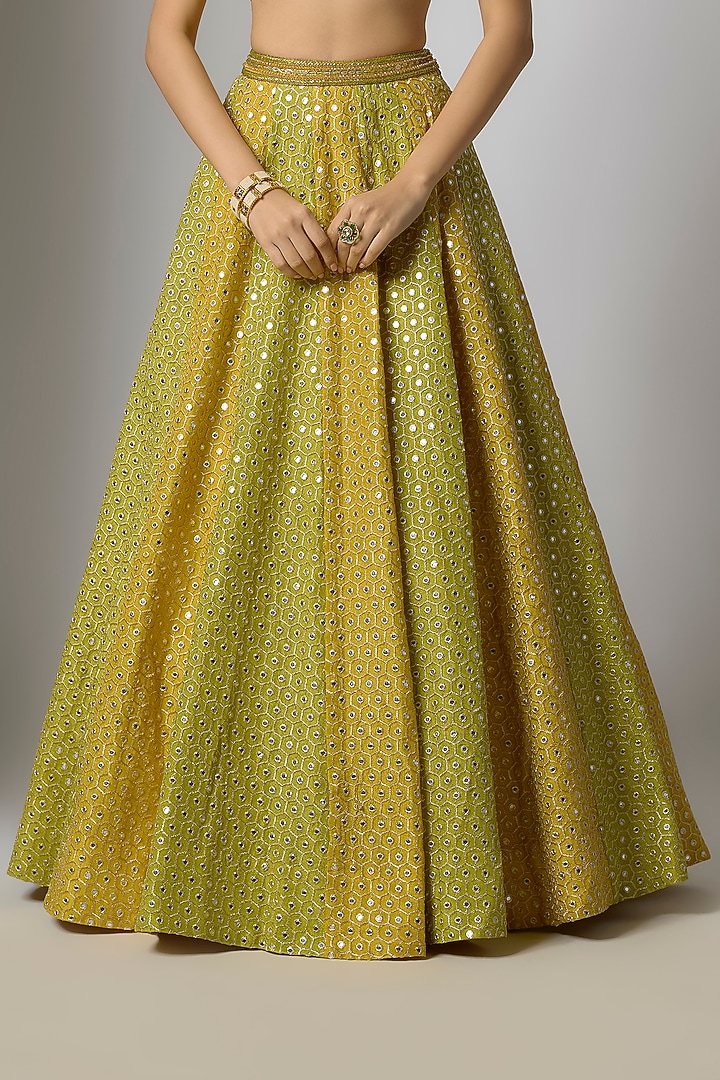 Mustard & Lime Green Tissue Silk Hand Embroidered Wedding Lehenga Set by Indian Wardrobe at Pernia's Pop Up Shop