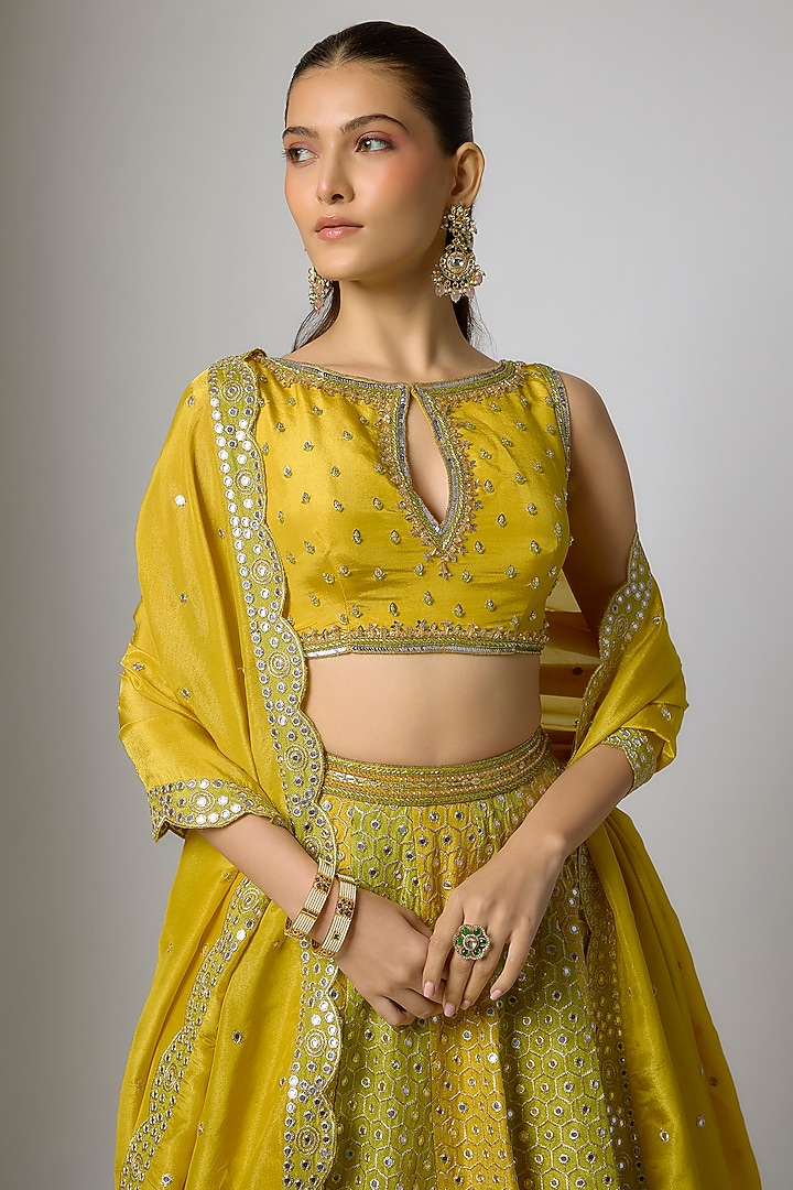 Mustard & Lime Green Tissue Silk Hand Embroidered Wedding Lehenga Set by Indian Wardrobe at Pernia's Pop Up Shop