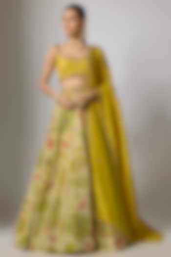 Mustard & Ivory Tissue Silk Floral Motifs Printed Wedding Lehenga Set by Indian Wardrobe at Pernia's Pop Up Shop