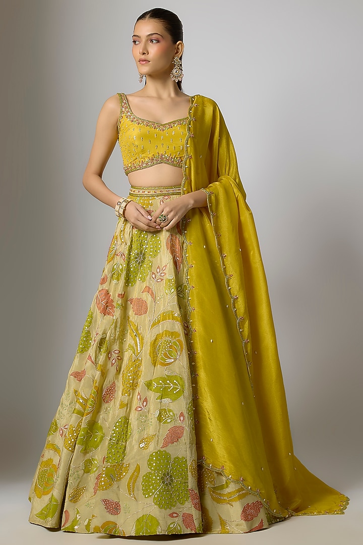 Mustard & Ivory Tissue Silk Floral Motifs Printed Wedding Lehenga Set by Indian Wardrobe at Pernia's Pop Up Shop
