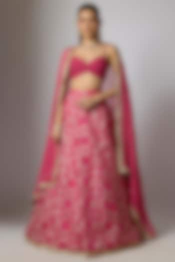 Magenta Organza Zari Weave Embroidered Lehenga Set by Indian Wardrobe at Pernia's Pop Up Shop
