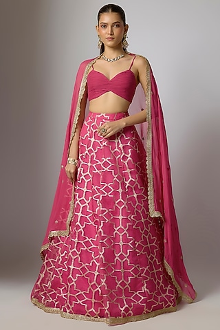 Magenta Organza Zari Weave Embroidered Lehenga Set by Indian Wardrobe