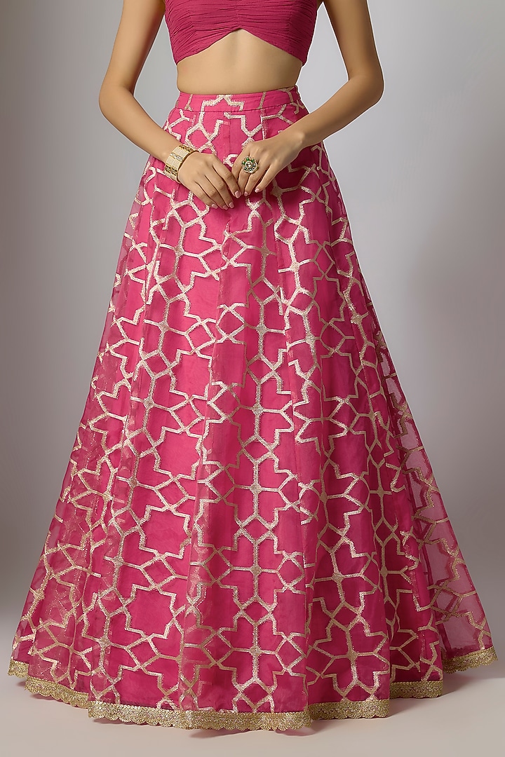 Magenta Organza Zari Weave Embroidered Lehenga Set by Indian Wardrobe at Pernia's Pop Up Shop