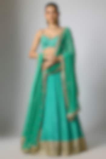 Teal Crepe & Georgette Bandhani Printed Wedding Lehenga Set by Indian Wardrobe at Pernia's Pop Up Shop