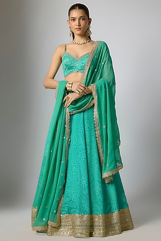 Teal Crepe & Georgette Bandhani Printed Lehenga Set by Indian Wardrobe