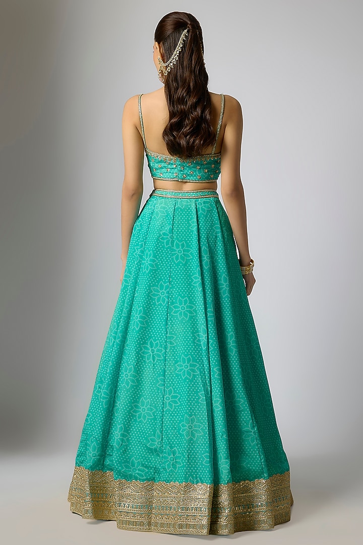 Teal Crepe & Georgette Bandhani Printed Wedding Lehenga Set by Indian Wardrobe at Pernia's Pop Up Shop