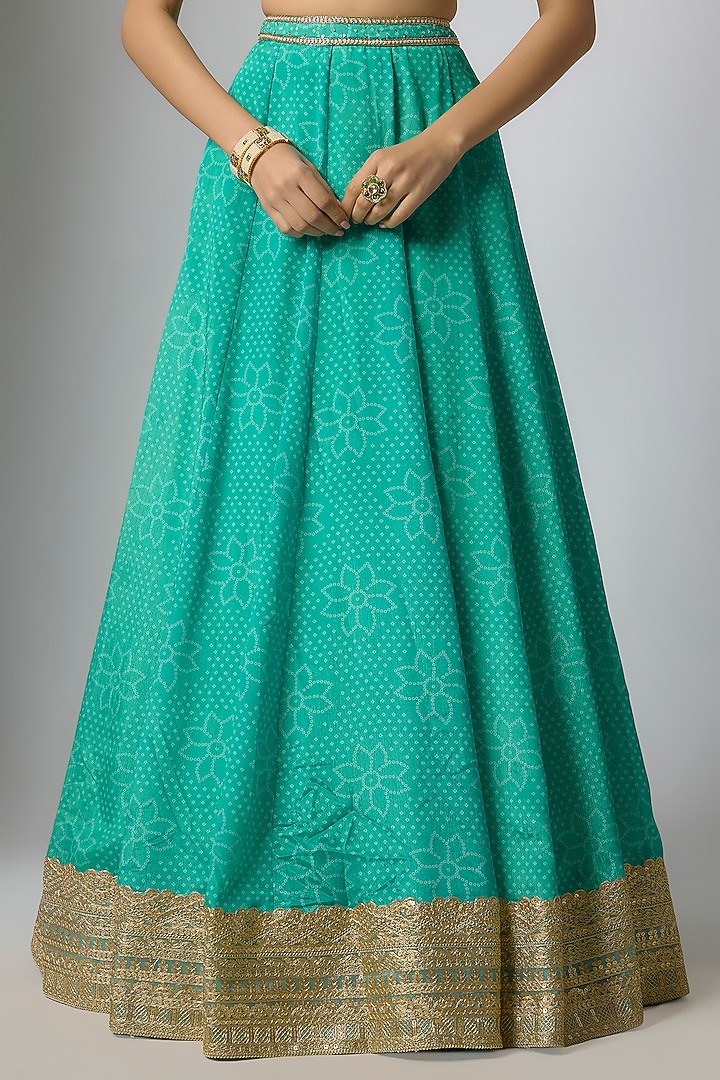 Teal Crepe & Georgette Bandhani Printed Wedding Lehenga Set by Indian Wardrobe at Pernia's Pop Up Shop