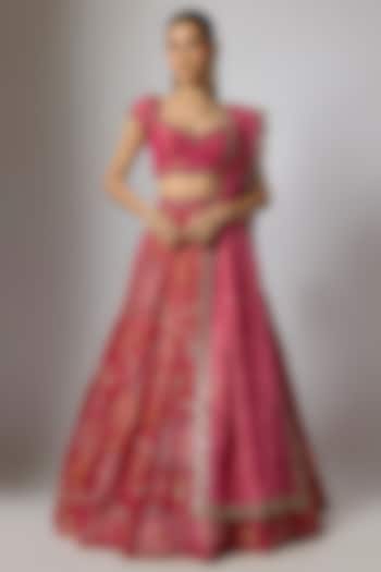 Magenta Tissue Silk Floral Motifs Printed Wedding Lehenga Set by Indian Wardrobe at Pernia's Pop Up Shop