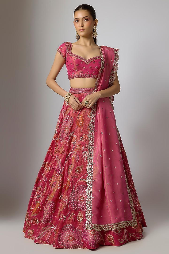 Magenta Tissue Silk Floral Motifs Printed Wedding Lehenga Set by Indian Wardrobe at Pernia's Pop Up Shop