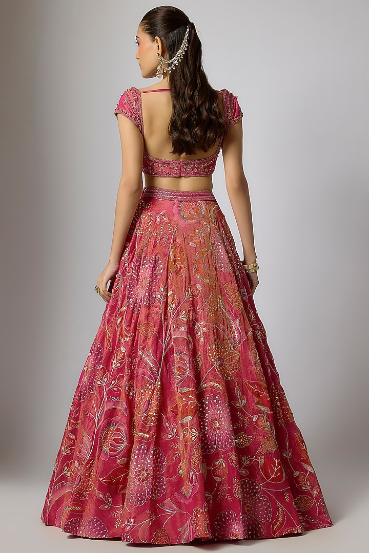 Magenta Tissue Silk Floral Motifs Printed Wedding Lehenga Set by Indian Wardrobe at Pernia's Pop Up Shop