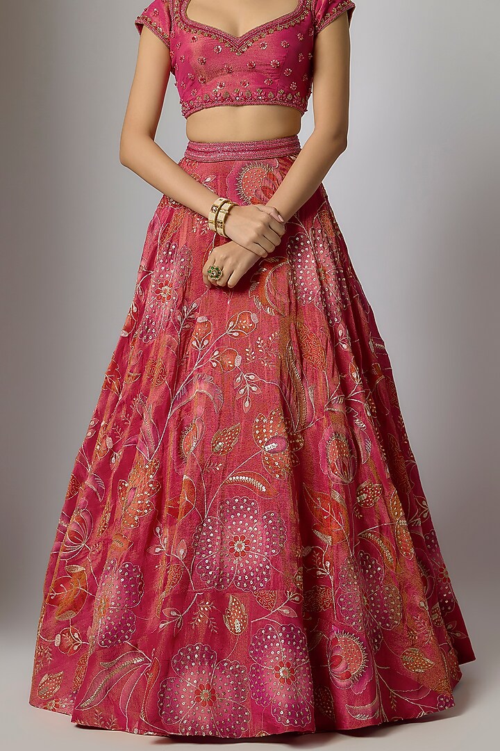 Magenta Tissue Silk Floral Motifs Printed Wedding Lehenga Set by Indian Wardrobe at Pernia's Pop Up Shop