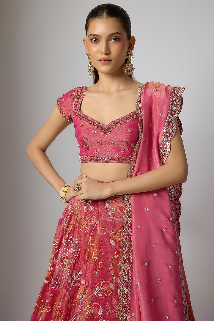 Magenta Tissue Silk Floral Motifs Printed Wedding Lehenga Set by Indian Wardrobe at Pernia's Pop Up Shop