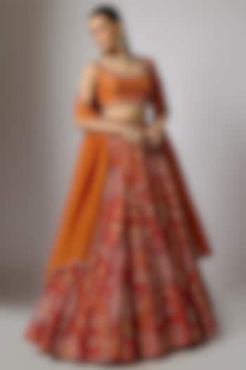 Orange Tissue Silk Floral Motifs Printed Wedding Lehenga Set by Indian Wardrobe at Pernia's Pop Up Shop