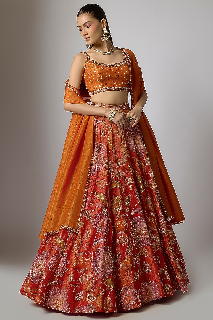 Orange Tissue Silk Floral Motifs Printed Wedding Lehenga Set by Indian Wardrobe at Pernia's Pop Up Shop