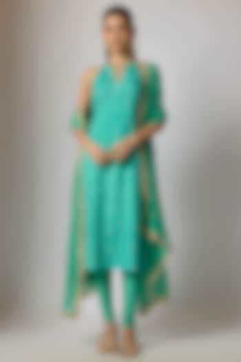 Teal Crepe & Georgette Bandhani Printed Kurta Set by Indian Wardrobe at Pernia's Pop Up Shop