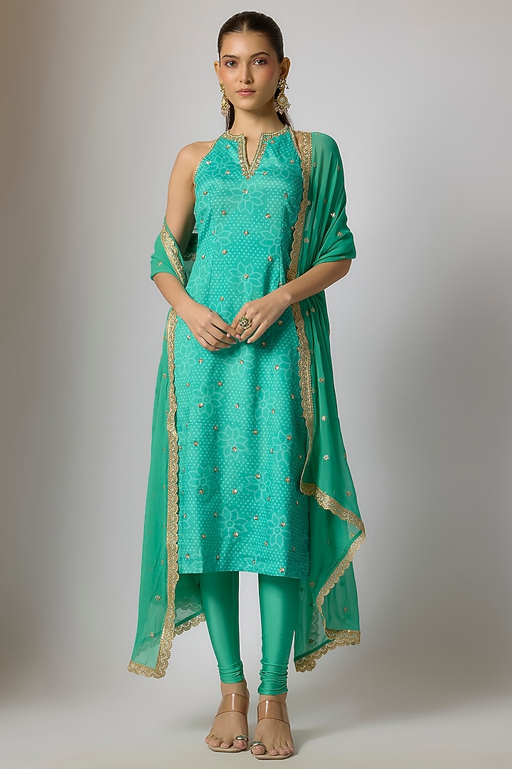 Teal Crepe & Georgette Bandhani Printed Kurta Set by Indian Wardrobe at Pernia's Pop Up Shop