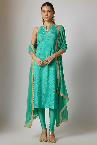Teal Crepe & Georgette Bandhani Printed Kurta Set by Indian Wardrobe