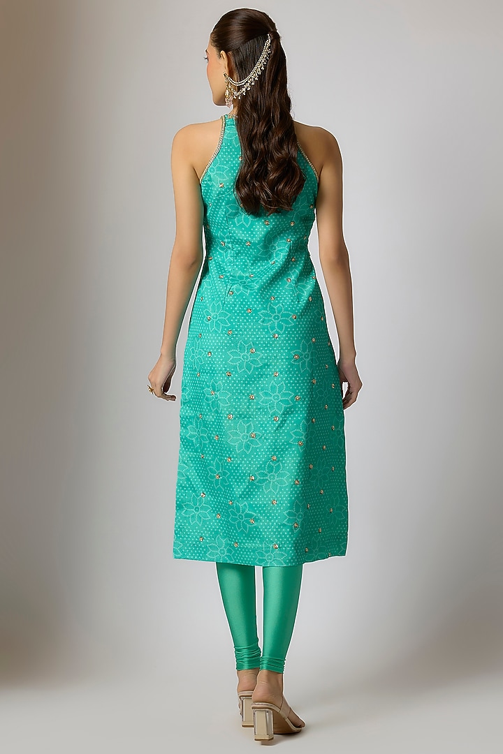 Teal Crepe & Georgette Bandhani Printed Kurta Set by Indian Wardrobe at Pernia's Pop Up Shop