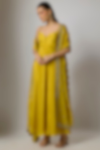 Lime Yellow Tissue Silk Party Wear Anarkali Set by Indian Wardrobe at Pernia's Pop Up Shop