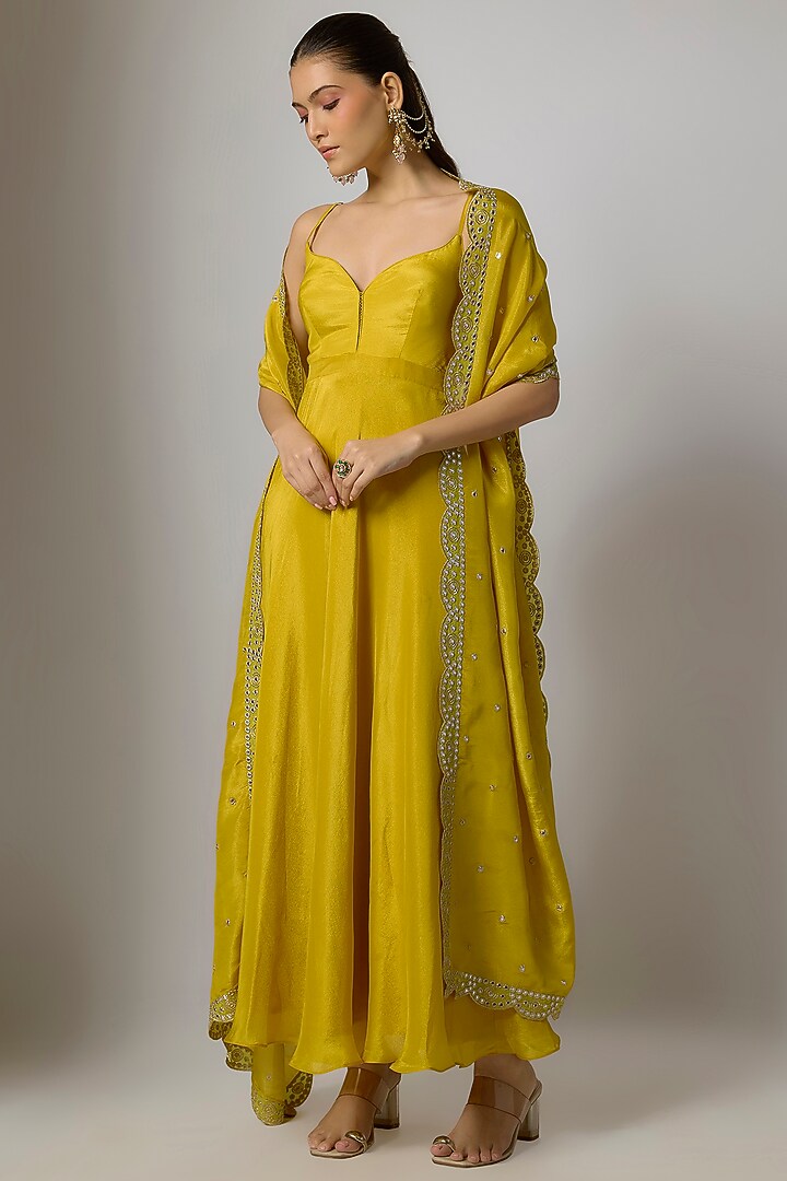 Lime Yellow Tissue Silk Party Wear Anarkali Set by Indian Wardrobe at Pernia's Pop Up Shop