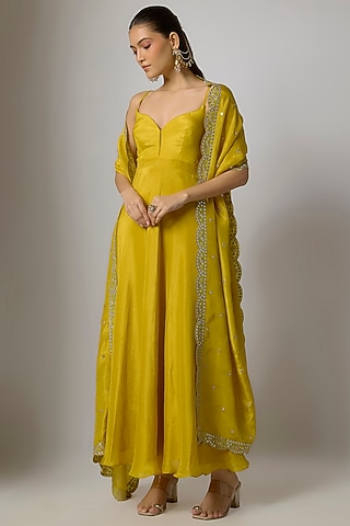 Lime Yellow Tissue Silk Anarkali Set by Indian Wardrobe