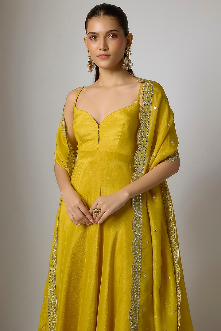 Lime Yellow Tissue Silk Party Wear Anarkali Set by Indian Wardrobe at Pernia's Pop Up Shop