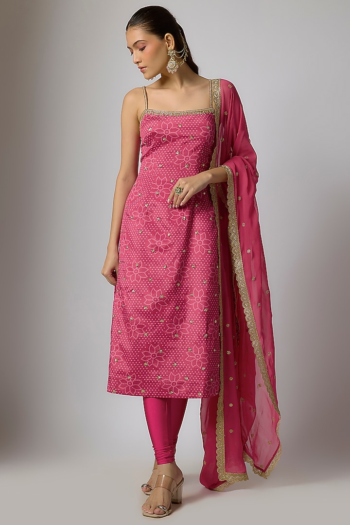 Pink Crepe & Georgette Bandhani Printed Kurta Set by Indian Wardrobe at Pernia's Pop Up Shop