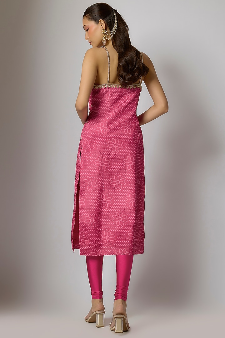 Pink Crepe & Georgette Bandhani Printed Kurta Set by Indian Wardrobe at Pernia's Pop Up Shop