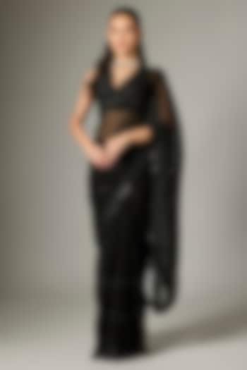 Black Georgette Sequins Embroidered Party Wear Saree Set by Indian Wardrobe at Pernia's Pop Up Shop