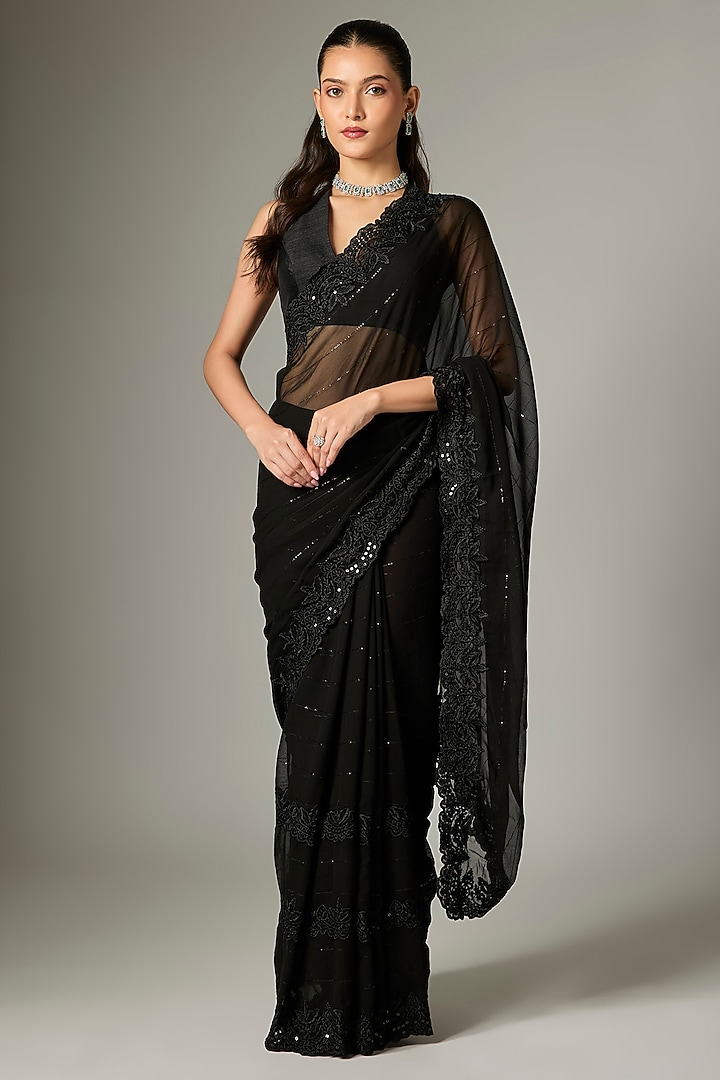 Black Georgette Sequins Embroidered Party Wear Saree Set by Indian Wardrobe at Pernia's Pop Up Shop