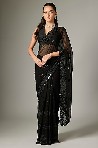 Black Georgette Sequins Embroidered Saree Set by Indian Wardrobe